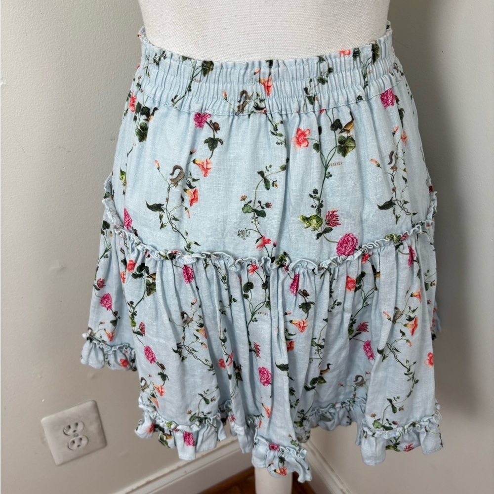Hill House 100% Linen Pond Floral The Paz Tiered Ruffle Mini Skirt SZ Small - Picture 9 of 11